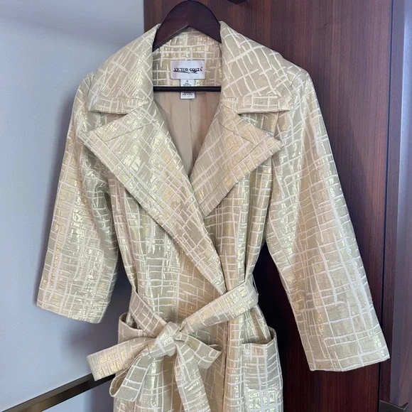 🧥 Victor Costa Metallic Gold Textured Belted Coat – Size 12 - Picture 2 of 12
